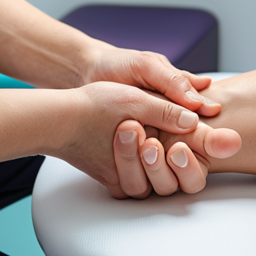 Home 4 ** A close-up of a hand being assessed by an occupational therapist. The therapist is gently manipulating the patient's wrist, while carefully observing their hand movements. The setting is a bright, modern clinic, and the focus is on the detailed examination process. The image should convey a sense of expertise, care, and personalized attention.
**