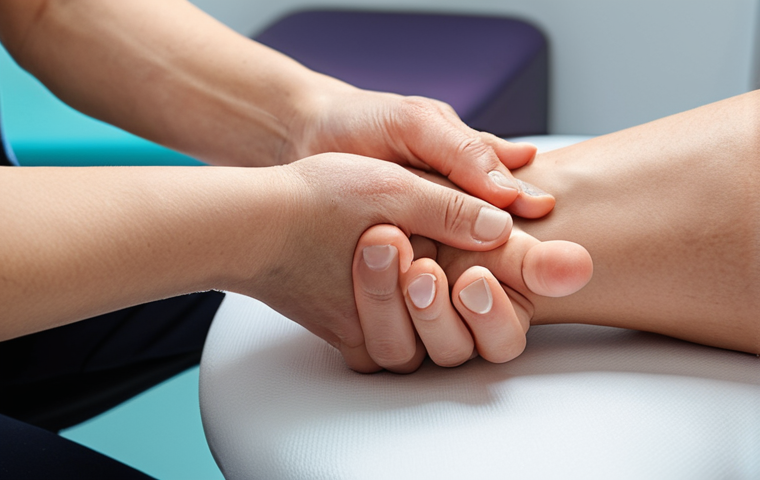 ** A close-up of a hand being assessed by an occupational therapist. The therapist is gently manipulating the patient's wrist, while carefully observing their hand movements. The setting is a bright, modern clinic, and the focus is on the detailed examination process. The image should convey a sense of expertise, care, and personalized attention.
**