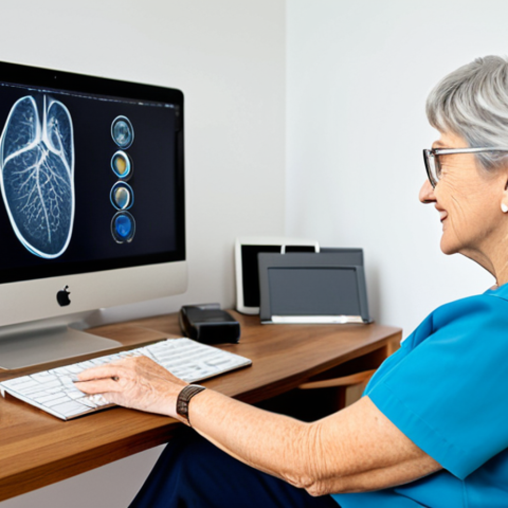 A kind, professional female occupational therapist, fully clothed in a modest business casual outfit, is seated at a clean, modern desk in a well-lit home office. She is looking at a computer screen, engaged in a tele-rehabilitation session. On the screen, a fully clothed elderly female patient, dressed in appropriate attire, is visible in her tidy living room, demonstrating an activity. The image emphasizes the human connection through technology, featuring perfect anatomy, correct proportions, well-formed hands, and natural body proportions. The scene is professionally lit, high-quality photography, safe for work, appropriate content, family-friendly.