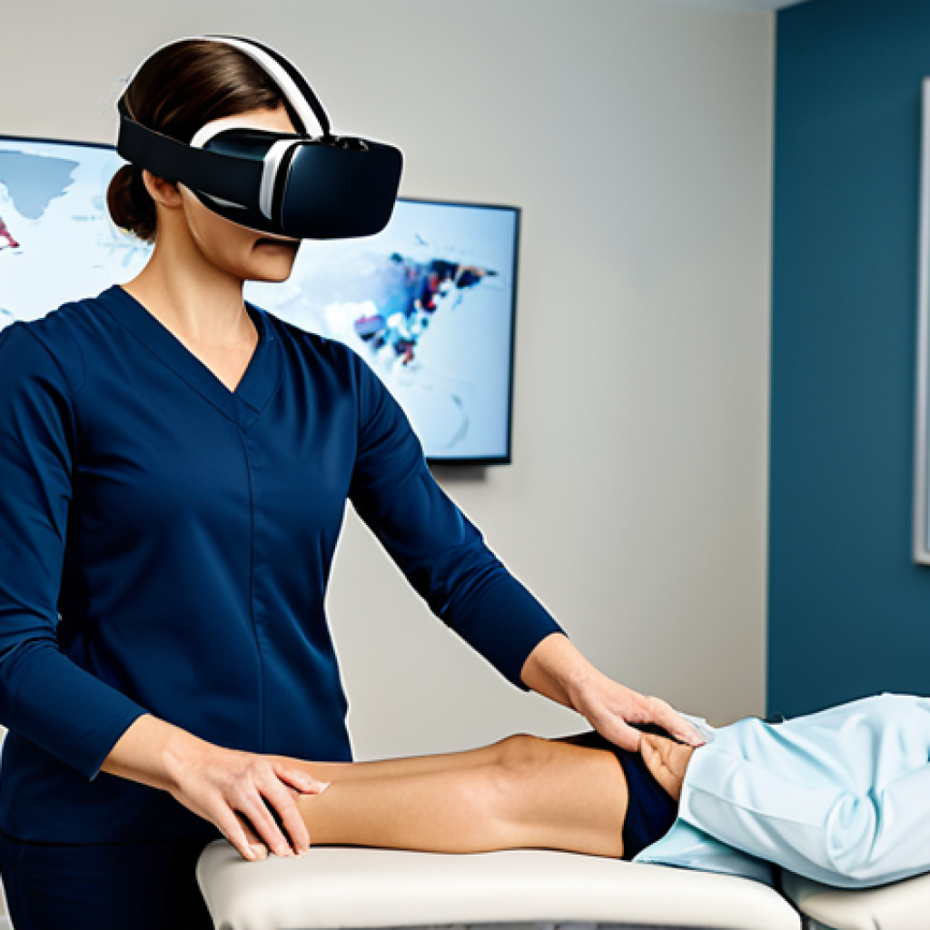 A professional occupational therapist in a modest business casual outfit, gently guiding a patient wearing a virtual reality headset. The patient, fully clothed in comfortable athletic wear, is performing a simulated daily living task in a bright, modern rehabilitation clinic. The scene emphasizes immersive therapy and patient engagement. The background features subtle digital displays of the virtual environment. Perfect anatomy, correct proportions, well-formed hands, natural pose, professional photography, high quality, safe for work, appropriate content, fully clothed, professional.