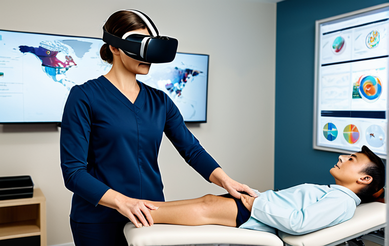 A professional occupational therapist in a modest business casual outfit, gently guiding a patient wearing a virtual reality headset. The patient, fully clothed in comfortable athletic wear, is performing a simulated daily living task in a bright, modern rehabilitation clinic. The scene emphasizes immersive therapy and patient engagement. The background features subtle digital displays of the virtual environment. Perfect anatomy, correct proportions, well-formed hands, natural pose, professional photography, high quality, safe for work, appropriate content, fully clothed, professional.