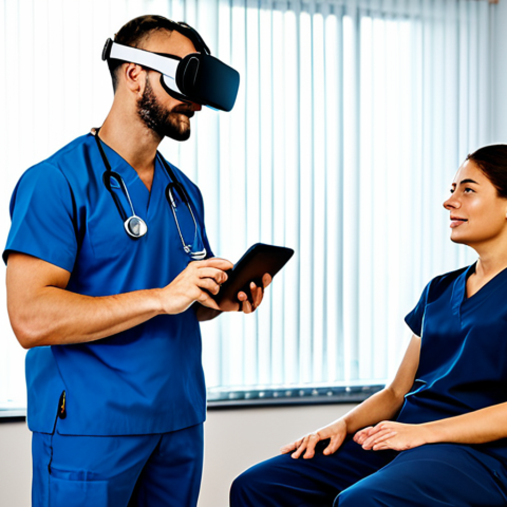 A professional occupational therapist, fully clothed in modern scrubs, guides a male adult patient in a sleek, futuristic rehabilitation clinic. The patient, wearing a VR headset and comfortable, modest athletic wear, is engaged in a virtual reality exercise, reaching out with well-formed hands. The therapist observes on a tablet displaying real-time data, their posture reflecting a natural pose. The room is brightly lit with natural light, showcasing advanced rehabilitation equipment in the background. Professional photography, high resolution, detailed, realistic, perfect anatomy, correct proportions, natural body proportions, proper finger count, safe for work, appropriate content, fully clothed, professional.