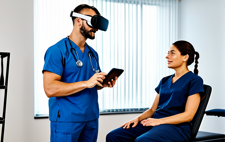 A professional occupational therapist, fully clothed in modern scrubs, guides a male adult patient in a sleek, futuristic rehabilitation clinic. The patient, wearing a VR headset and comfortable, modest athletic wear, is engaged in a virtual reality exercise, reaching out with well-formed hands. The therapist observes on a tablet displaying real-time data, their posture reflecting a natural pose. The room is brightly lit with natural light, showcasing advanced rehabilitation equipment in the background. Professional photography, high resolution, detailed, realistic, perfect anatomy, correct proportions, natural body proportions, proper finger count, safe for work, appropriate content, fully clothed, professional.