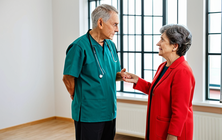 **
"A caring occupational therapist, fully clothed in professional attire, patiently explaining a treatment plan to a senior woman in a bright, modern rehabilitation center. The therapist is pointing to a simple visual aid showing exercises. The patient is listening attentively. Safe for work, appropriate content, perfect anatomy, natural proportions, family-friendly, professional setting, well-formed hands."
**