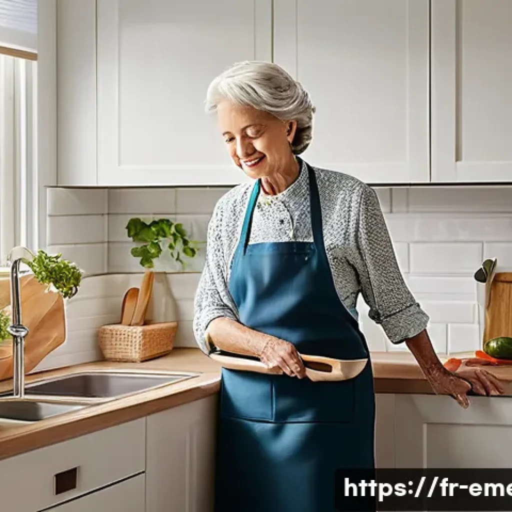 작업치료사의 커뮤니티 케어 사례 - **Prompt:** A cozy and well-lit kitchen, designed for a senior woman in her late 70s. She is standin...