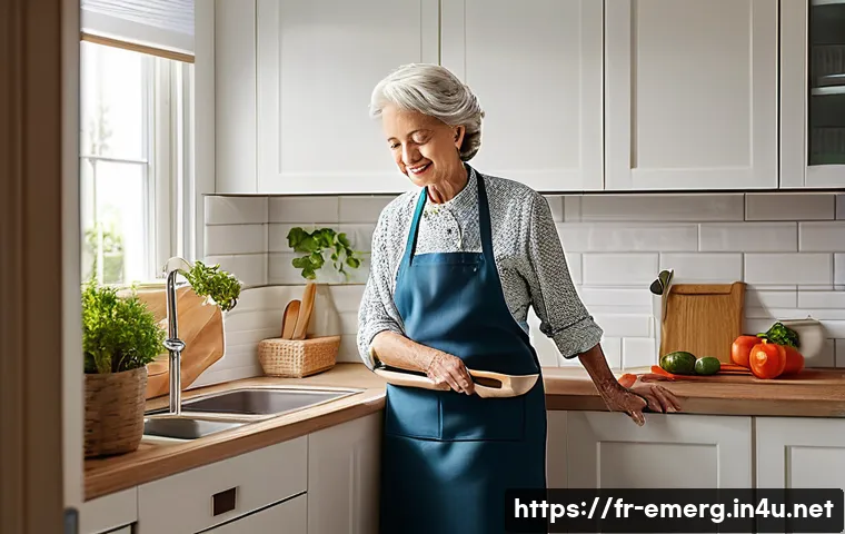 작업치료사의 커뮤니티 케어 사례 - **Prompt:** A cozy and well-lit kitchen, designed for a senior woman in her late 70s. She is standin...