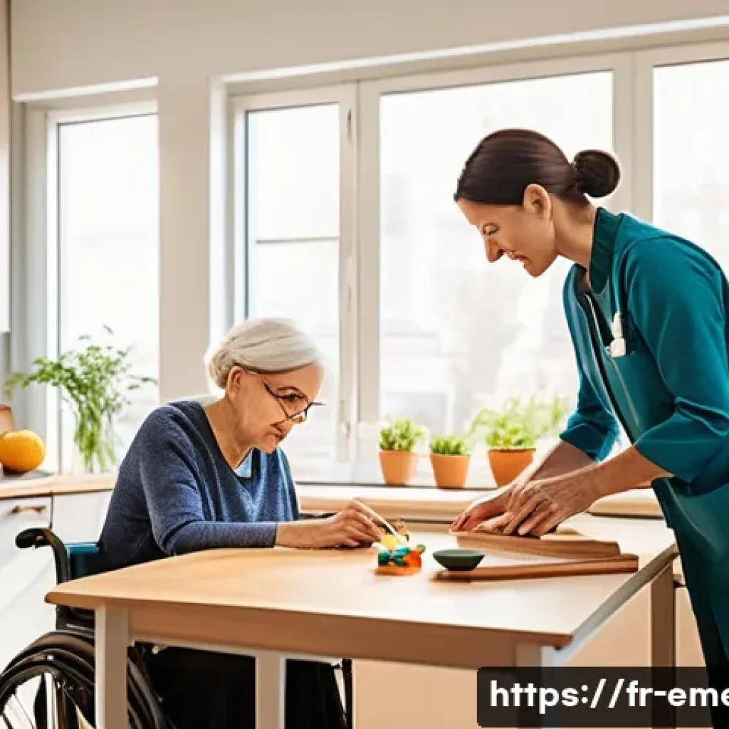 작업치료사 코칭 사례 - A compassionate occupational therapist attentively observing and gently guiding a middle-aged French...
