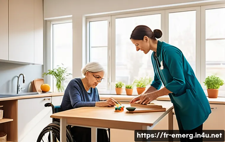 작업치료사 코칭 사례 - A compassionate occupational therapist attentively observing and gently guiding a middle-aged French...