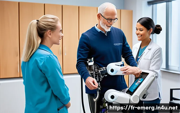 작업치료사 대상 컨퍼런스 소개 - A modern occupational therapy clinic showcasing a diverse group of patients using advanced robotic e...