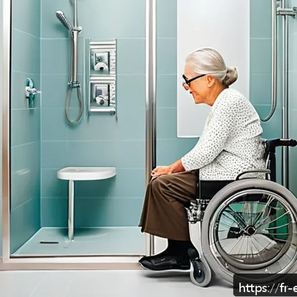 작업치료사의 치료 목표 성취 사례 - A warm, well-lit modern bathroom designed for elderly accessibility, featuring sturdy grab bars near...
