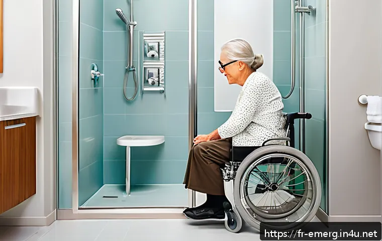 작업치료사의 치료 목표 성취 사례 - A warm, well-lit modern bathroom designed for elderly accessibility, featuring sturdy grab bars near...