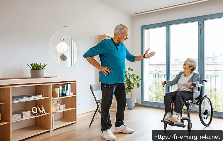 작업치료사의 환자 관리 경험 공유 - A modern occupational therapy session in a bright, accessible French apartment: a middle-aged male p...