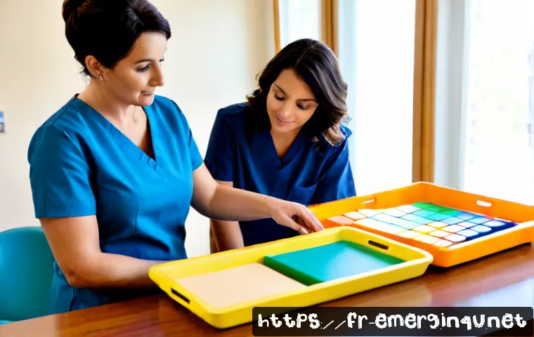 Home 17 작업치료사의 치료 사례 관리 - Photorealistic occupational therapist in a bright French rehabilitation clinic, calmly reviewing a p...
